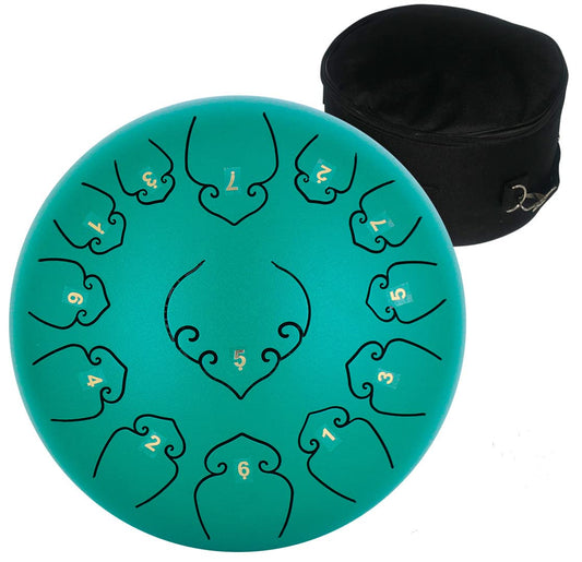 Amkoskr Steel Tongue Drum, 12 inch 30 cm Steel Tongue Drum, C major 13 notes, Hand Drum HandPan Drum with Drumsticks/Carrying Bag (Green)