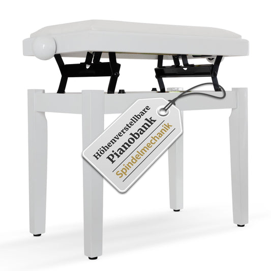 Classic Cantabile Piano Bench White High Gloss - Adjustable height from 47-56cm - Piano stool with spindle mechanism - Piano bench seat 55 x 32cm - White piano chair with velour cover, stable