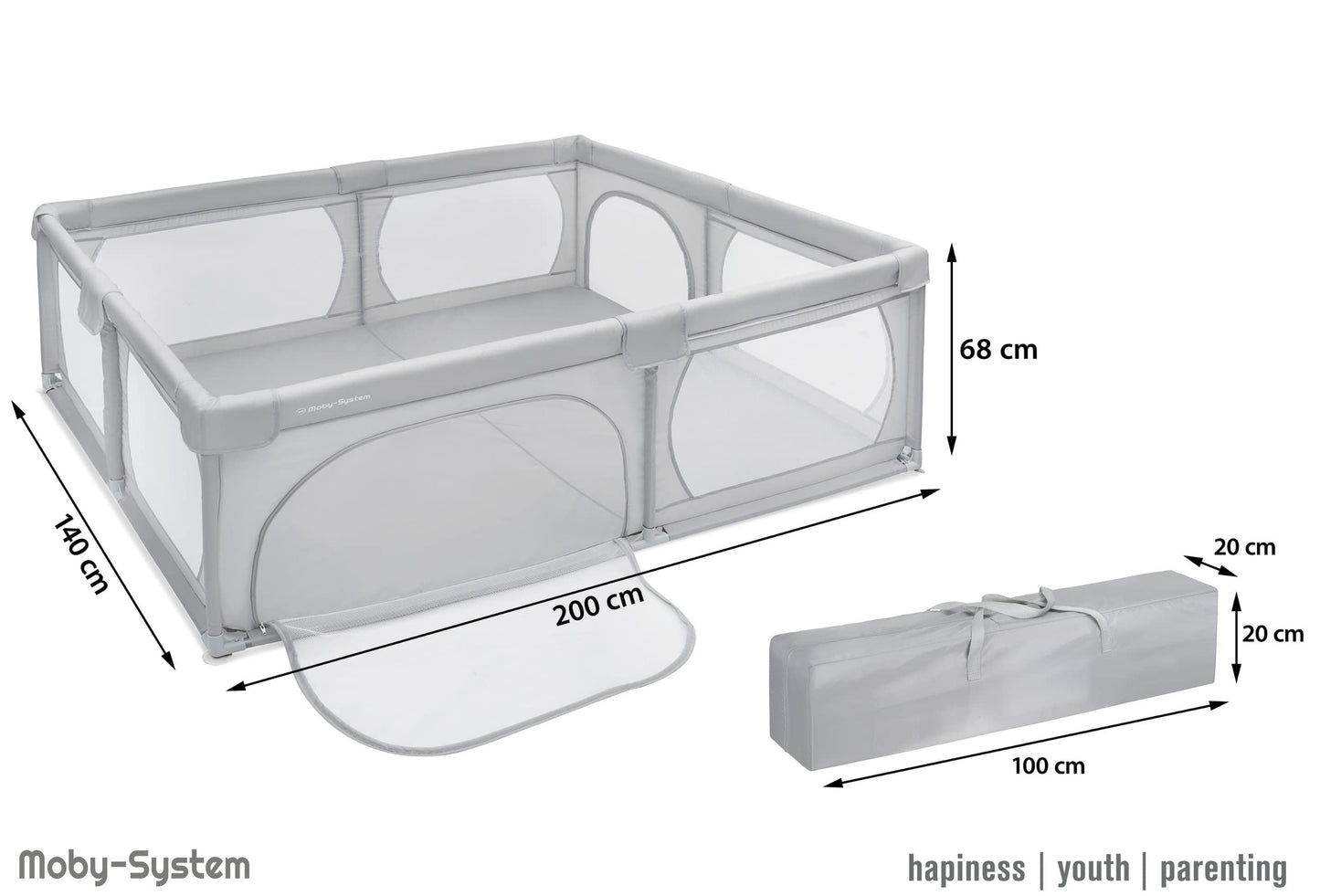 Moby-System Playpen Baby Foldable & Playard, Activity Center with Non-Slip Base - Waterproof 210D PVC, Carry Bag, 200x140cm - Play Area for Kids