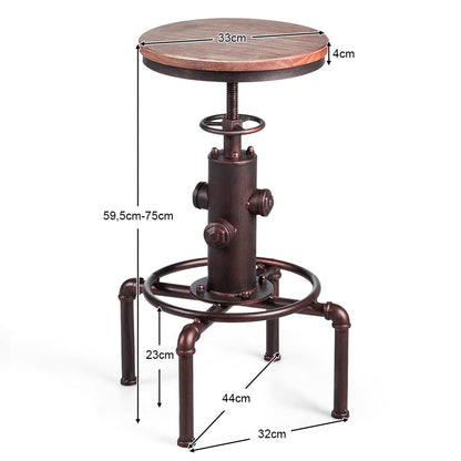 COSTWAY bar stool adjustable height, 59.5-75 cm, wooden and metal bar chair, counter stool with footrest, pine wood seat, vintage bistro stool, industrial kitchen stool for restaurants, cafes.