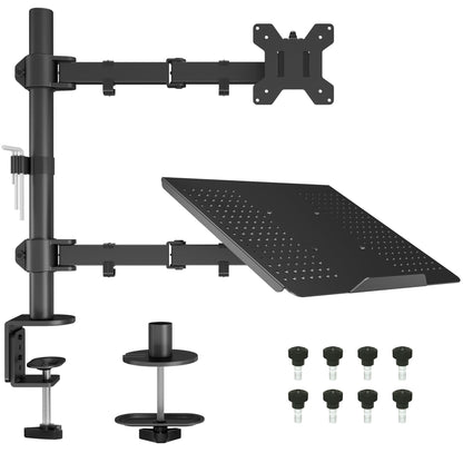 BONTEC Monitor Stand with Laptop Arm for 13-32 inch LCD LED Screen up to 15.6" Notebook, Tilt, Swivel, Monitor Laptop Mount Desk with Clamp, VESA 75x75-100x100mm.