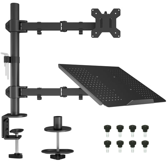 BONTEC Monitor Stand with Laptop Arm for 13-32 inch LCD LED Screen up to 15.6" Notebook, Tilt, Swivel, Monitor Laptop Mount Desk with Clamp, VESA 75x75-100x100mm.