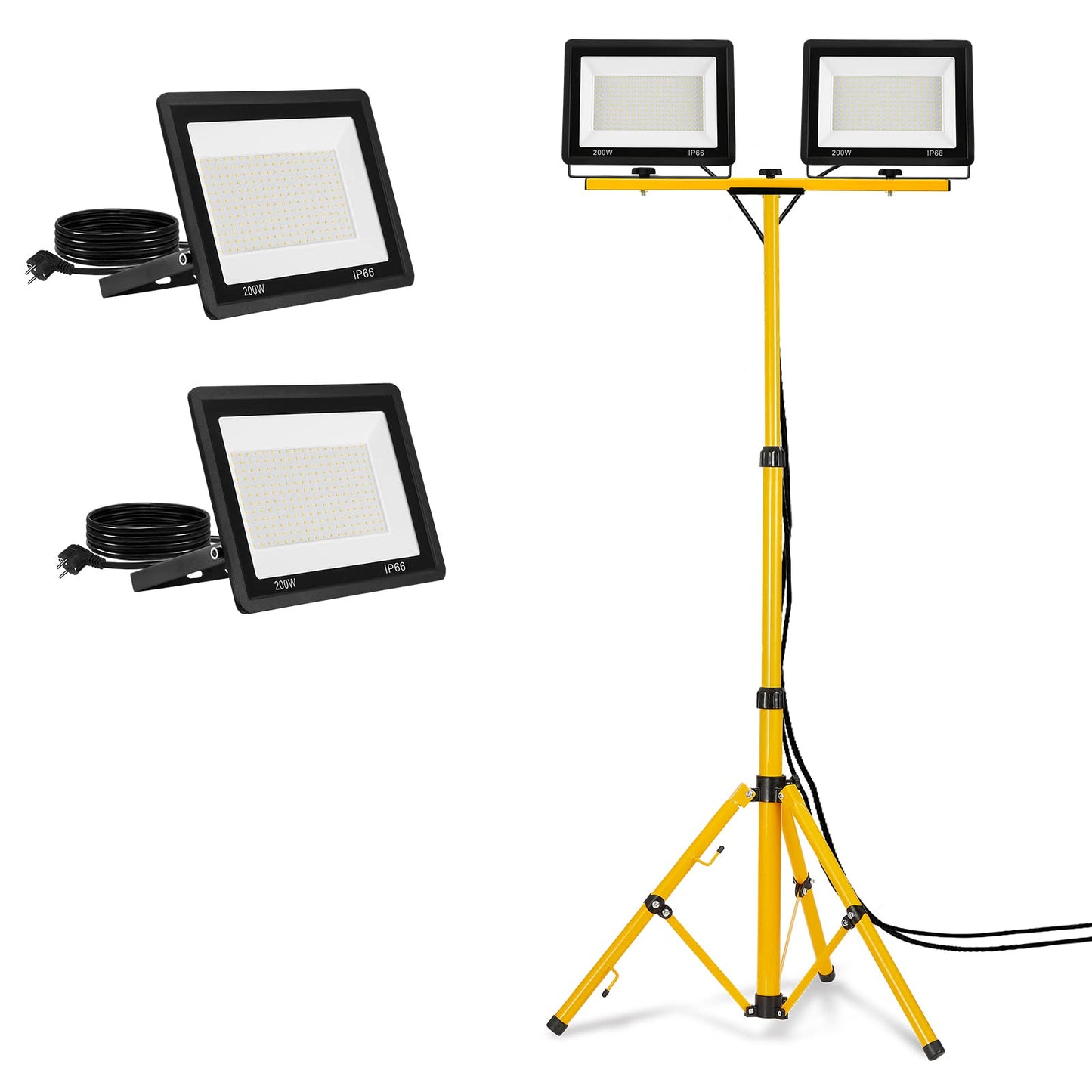 Onforu LED construction light 2x 200W with tripod double spotlight Cool white LED floodlight Floodlight incl. 3M cable, work light work spotlight waterproof IP66 for garage, garden, construction site