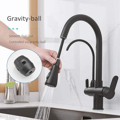 Onyzpily kitchen faucet Pure water High arc High pressure Kitchen tap with pull-out sprayer Extendable tap and 360° swivel Two spray functions Stainless steel Black