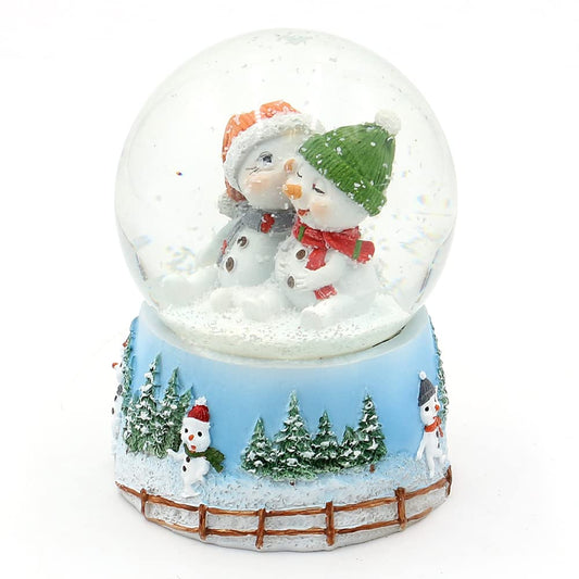 Snow globe snow children with hats on elaborately decorated base, dimensions 6.5 x 6.5 x 9 cm ball diameter 6.5 cm.