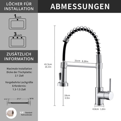TIMACO kitchen faucet chrome with spiral spring, 360° swiveling sink faucets with two outlets - high pressure.