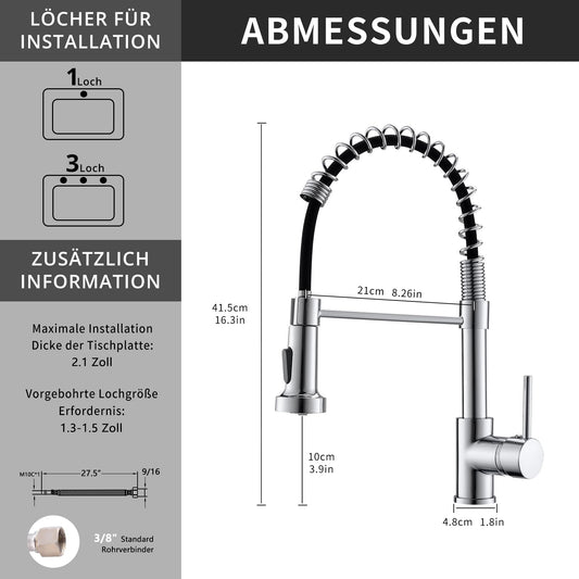 TIMACO kitchen faucet chrome with spiral spring, 360° swiveling sink faucets with two outlets - high pressure.
