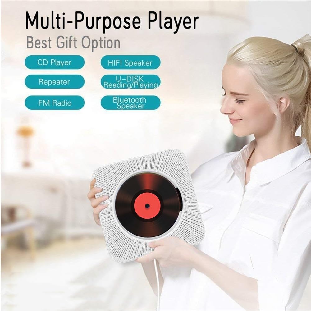 Adirigo Portable Desktop CD Player with Bluetooth Multifunctional with wall-mounted Music CD Player in HiFi speakers Home Audio Boombox with Remote Control (white)