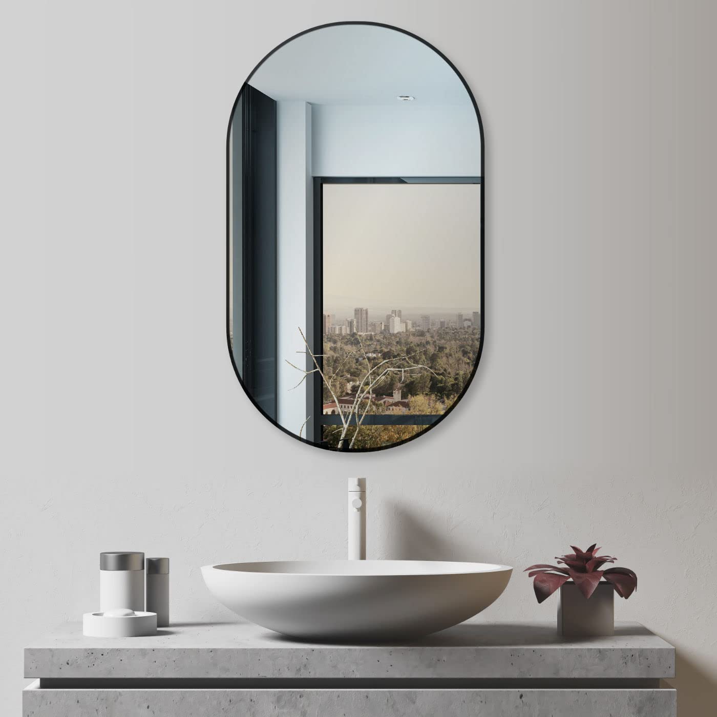 HOKO Design wall mirror oval 50 x 90 cm with metal frame matte black. Vertical and horizontal mounting possible. Oval mirror for bathroom, hallway, and bedroom. Mirror for living room, dining room.