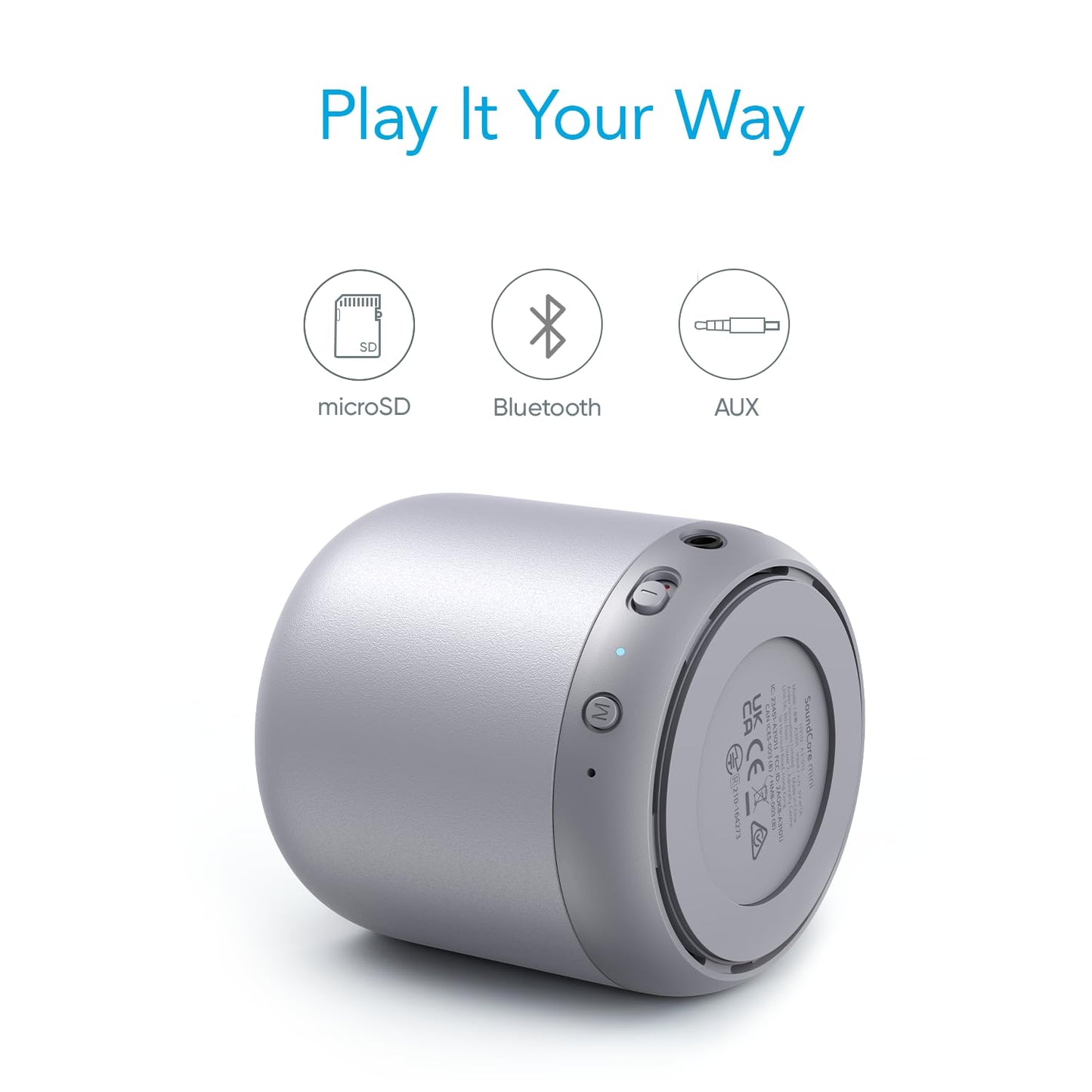 Anchor Soundcore Mini Bluetooth speaker with 15 hours of playtime, fantastic sound, 20-meter Bluetooth range, FM radio, and intense bass.