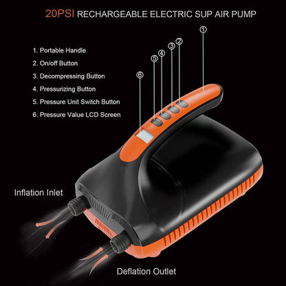 4000mAh SUP pump electric battery, 20Psi electric SUP air pump, 110 V AC/12 V DC quick charge, with intelligent two-stage auto-off function for inflatable stand up paddle boards, boats (orange)