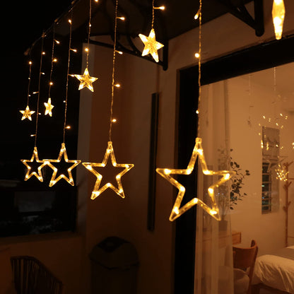12 Star LED String Lights, Curtain Light Christmas Lights Star Curtain 138 LEDs 8 Modes for Indoor Outdoor, Christmas, Party, Decor, Wedding, Garden, Balcony
