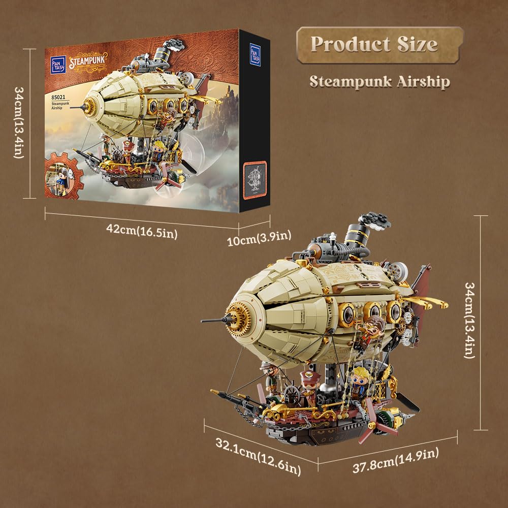 PANTASY Steampunk airship model kit for adults, two-layer Zeppelin with gear mechanism, DIY building block set, retro sci-fi construction toy for collectors & display.