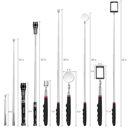 Preciva 5-piece magnetic telescopic retrieval tool set with 15 pound and 1 pound retrieval rods, round and square 360-degree rotating adjustable inspection mirror, and telescoping rod.