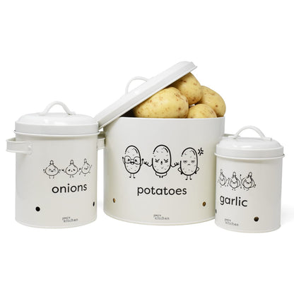 Joeji's Kitchen potato storage box set of 3 metal potato onion garlic storage with lid featuring 360° air circulation to keep vegetables fresh longer Vegetable storage - Cream