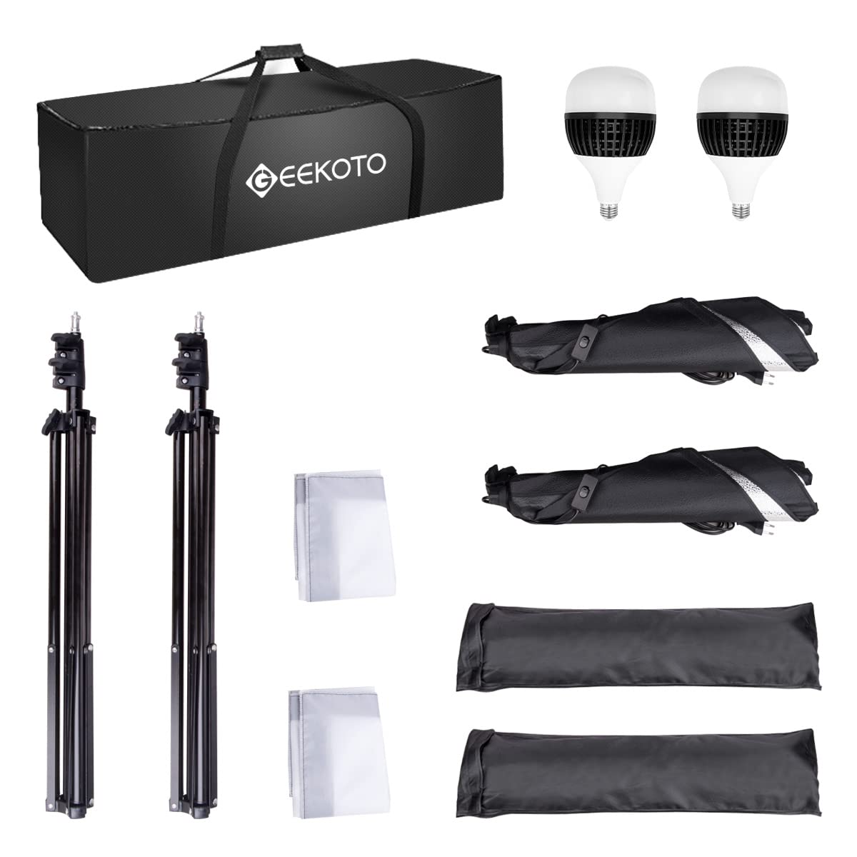 GEEKOTO Softbox Set Photo Studio 50 x 70cm, Continuous Light Studio Lighting Set with 2 Softbox Lamps E27 85W 5500K, 2m Fully Adjustable Light Stands for Studio Portraits, Product Photography, Fashion Photos, etc.