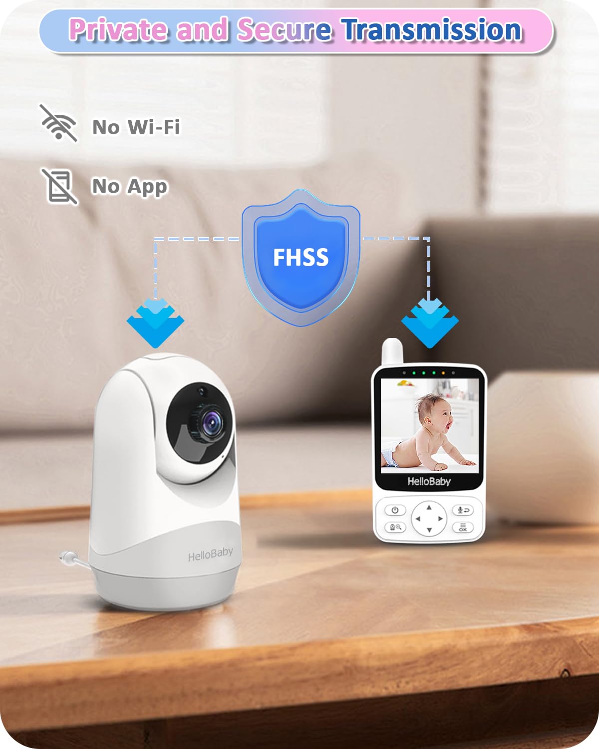 HelloBaby baby monitor with camera, 29 hours battery life, 318°/120° pan-tilt camera, 2x zoom, infrared night vision camera, ECO mode, up to 1000ft range, 2-way audio.
