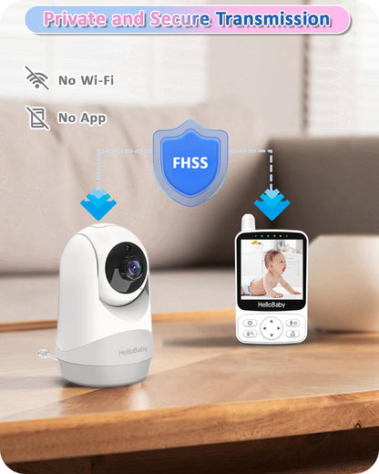 HelloBaby baby monitor with camera, 29 hours battery life, 318°/120° pan-tilt camera, 2x zoom, infrared night vision camera, ECO mode, up to 1000ft range, 2-way audio.