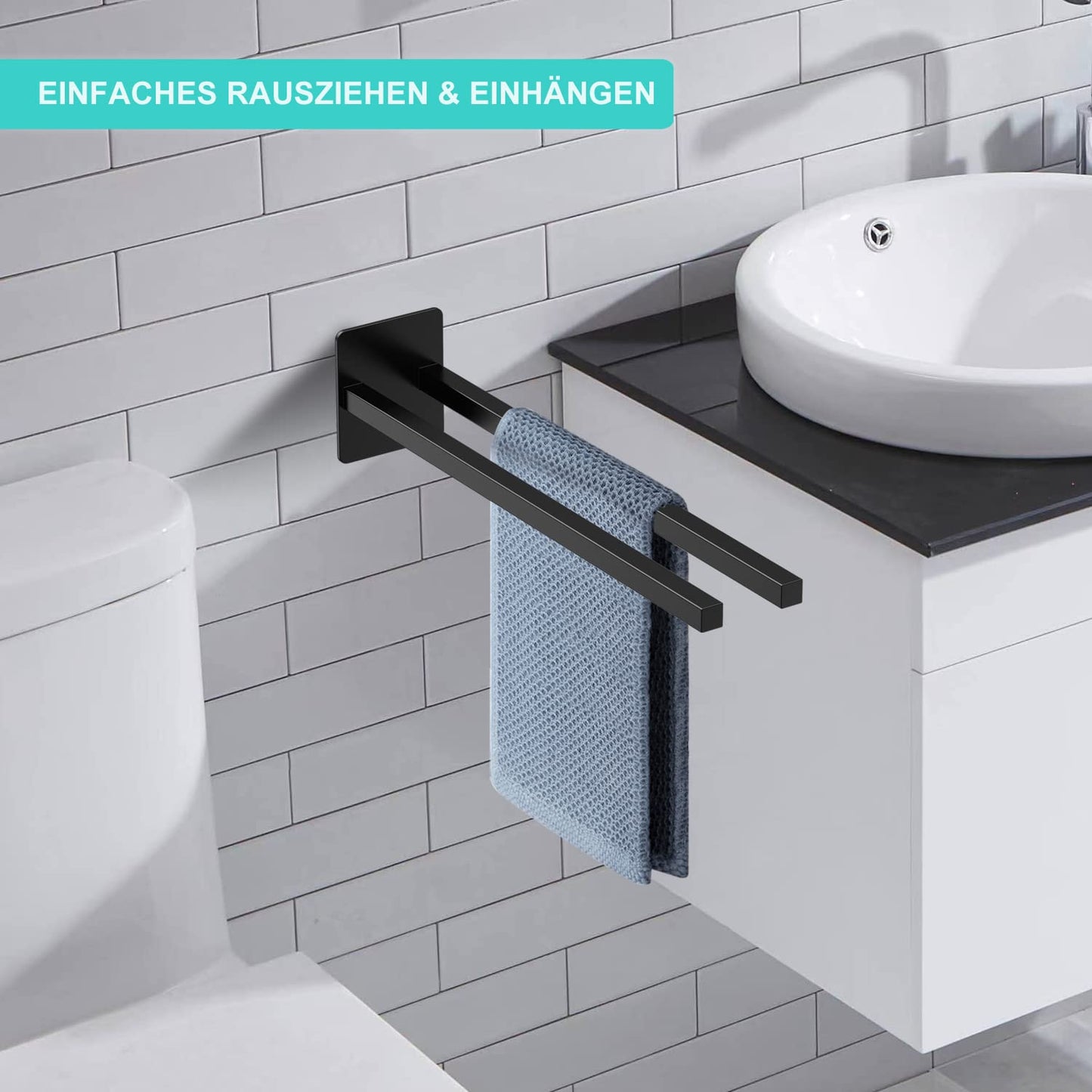 Towel Holder Without Drilling Double Armed, Stainless Steel Towel Bar Self-Adhesive, Double Towel Rack 39cm for Bathroom, Black