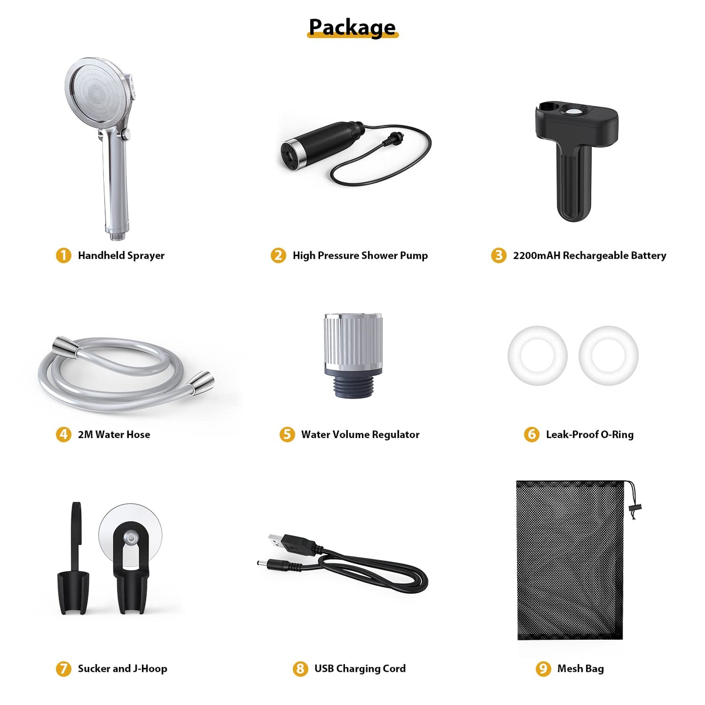 Camping shower with pump, Stouchi Camping Shower Set Battery Camping Shower Outdoor Camping Sink, 2m shower hose, Adjustable water flow, Portable shower, for garden beach camping travel car wash.