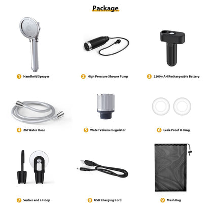 Camping shower with pump, Stouchi Camping Shower Set Battery Camping Shower Outdoor Camping Sink, 2m shower hose, Adjustable water flow, Portable shower, for garden beach camping travel car wash.