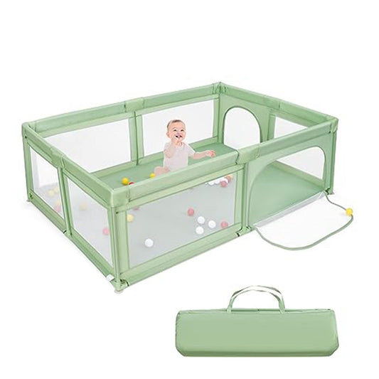 GOPLUS Baby Playpen with 50 Play Balls, Crawl Grid for Toddlers & Infants, Playpen Tent with Breathable Mesh, Travel Bed with 2 Doors and Zipper (No Mattress, Green)