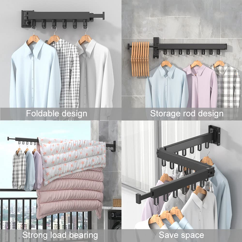 Wall-mounted clothes rack, retractable garment rack with hooks, 360° swivel, triple foldable, clothes rack for balcony, laundry, bathroom (black)