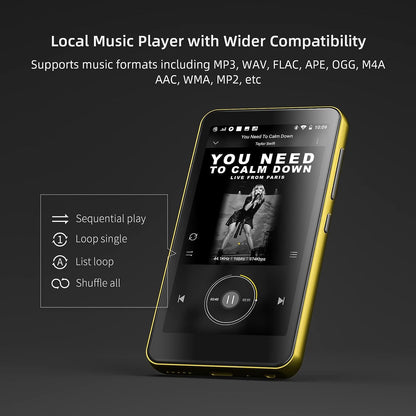 Innoasis MP3 player with Bluetooth and Wi-Fi, full touchscreen, 10.2 cm, MP4 player, MP3 player with Spotify, HiFi sound, portable digital audio player with speaker (Gold/Black)
