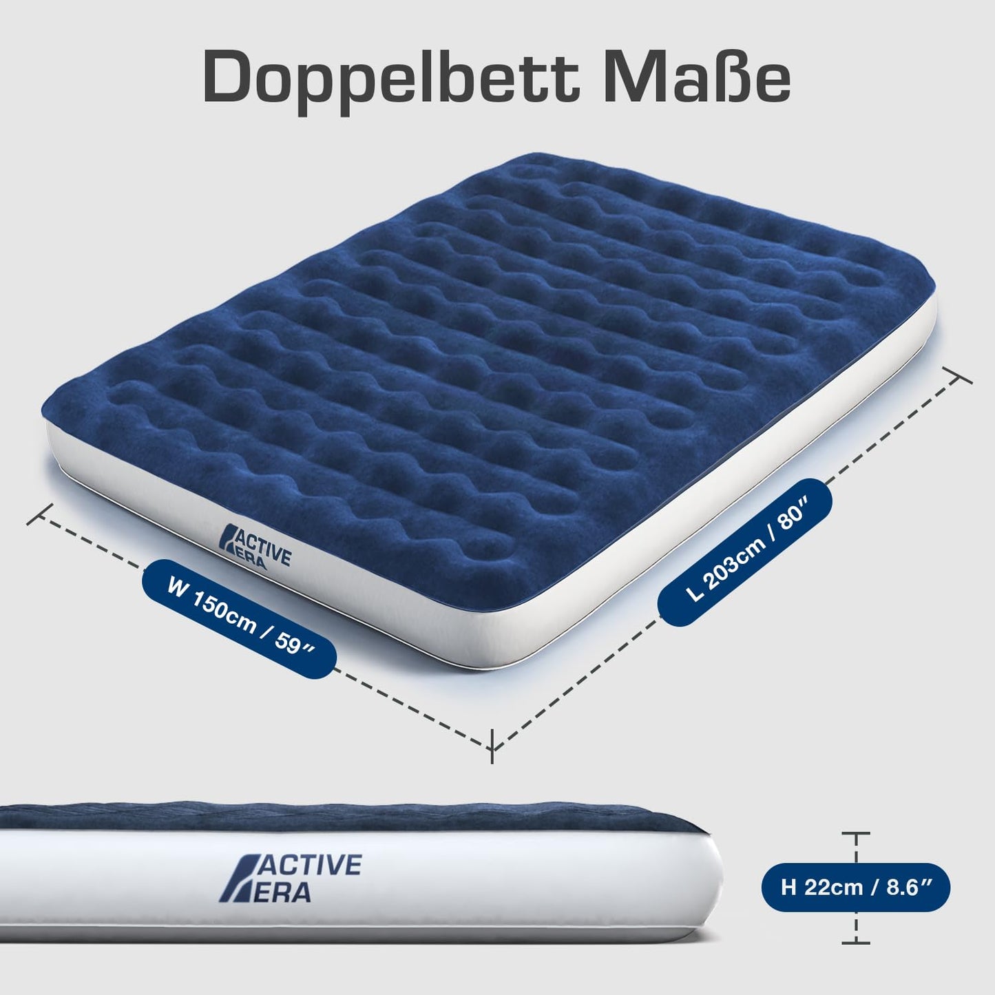 Active Era Luxury Camping Double Air Bed with Electric Pump - Air Mattress for 2 People with Portable Battery Pump and USB Charging Cable, Built-in Pillow and Carry Bag - 150 x 203 x 22 cm