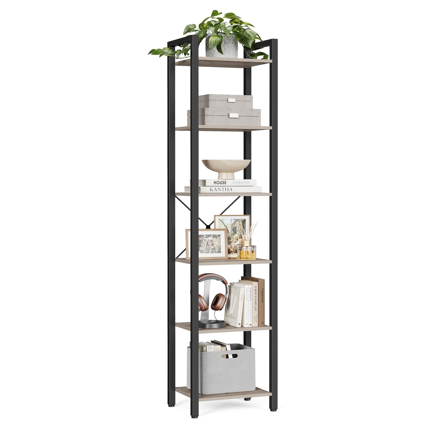 VASAGLE Shelf, Bookshelf, Standing Shelf, DVD Shelf, with 6 Levels, Office Shelf, Open Shelves, for Office, Living Room, Bedroom, Kitchen, 30 x 40 x 186 cm, Beige-Black LLS101B02
