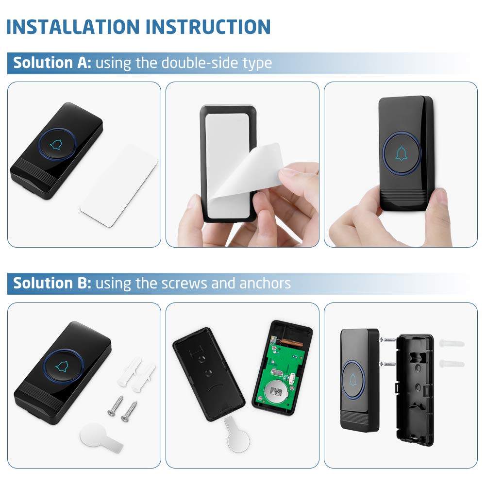 AVANTEK wireless doorbell, 400m range, IP55 waterproof outdoor doorbell with 2 plug-in receivers, 52 melodies, 5 volume levels, receiver simply plugs into outlet.