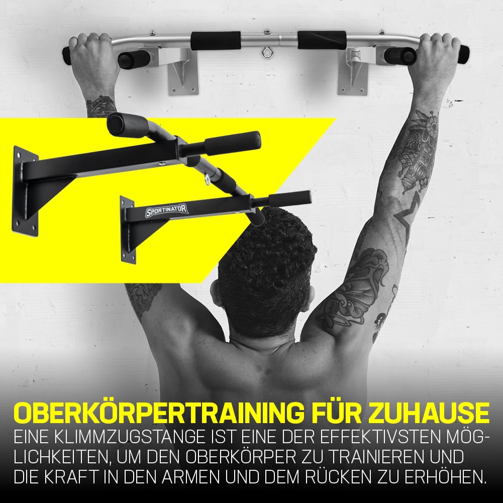 SPORTINATOR® pull-up bar including black accessories for wall mounting, suitable for home gym, various strength exercises, high-quality stainless steel, unisex, supports up to 150 kg.