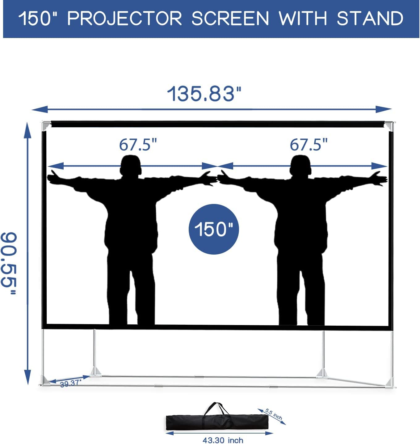 Projection screen with stand 150 inch Portable screen Projector 16:9 HD 4K Premium wrinkle-free screen Stand with carrying bag for home theater Indoor Outdoor projector movie screen.