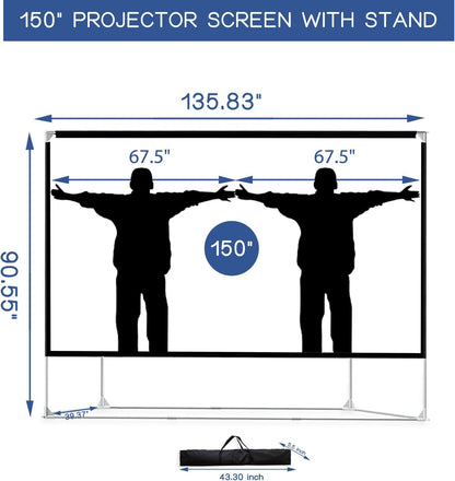 Projection screen with stand 150 inch Portable screen Projector 16:9 HD 4K Premium wrinkle-free screen Stand with carrying bag for home theater Indoor Outdoor projector movie screen.