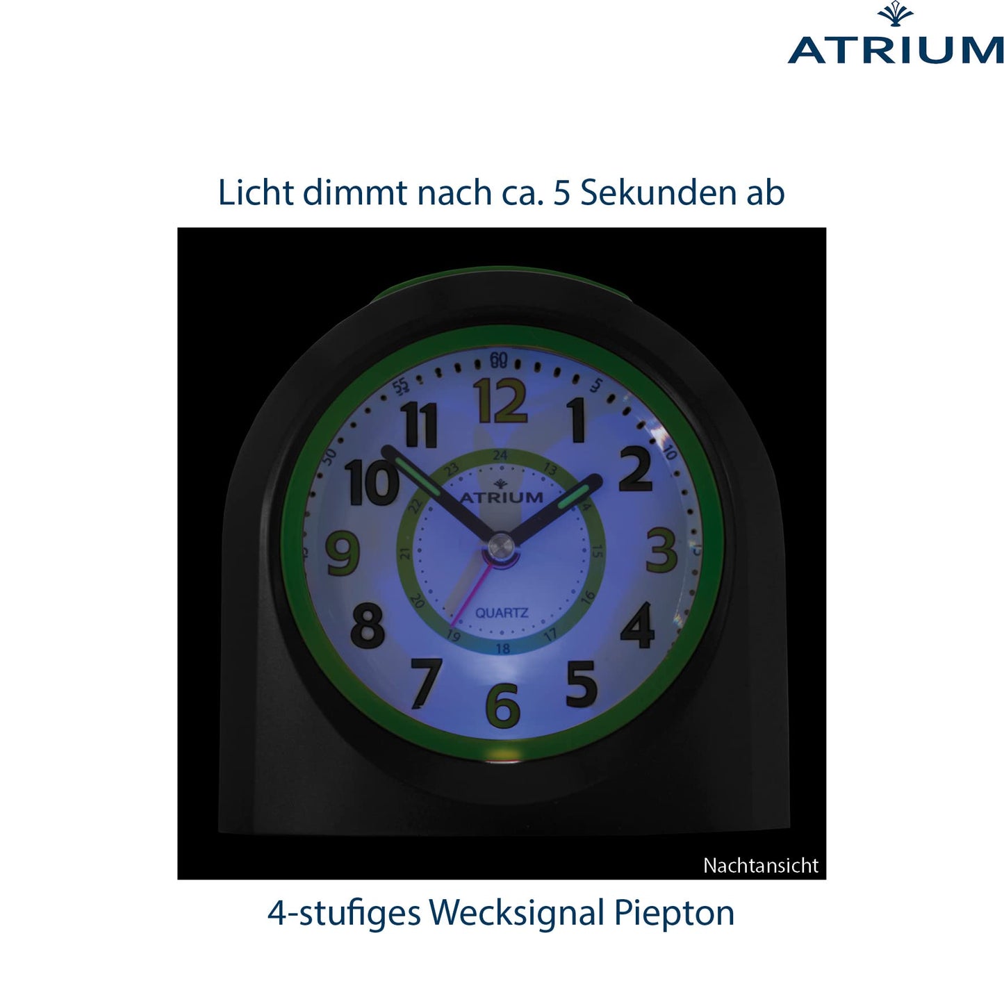 Atrium children's alarm clock analog quartz with light and snooze black green A921-7