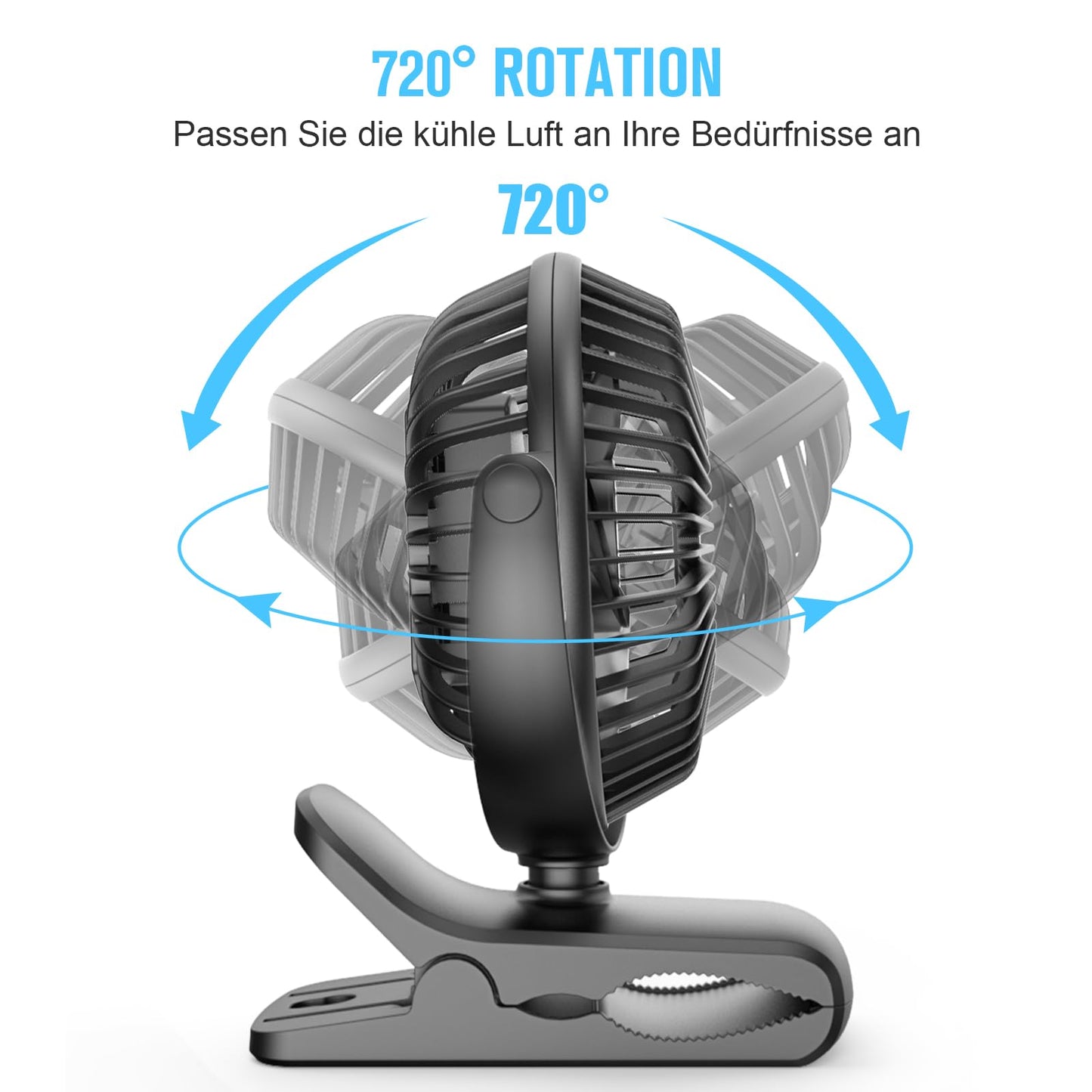 HONYIN Mini Fan with Clip, 720° Rotation Small USB Fan, Strong + Stable Clamp, 3 Speed Levels, Great as Desk Fan in Office and Bedroom