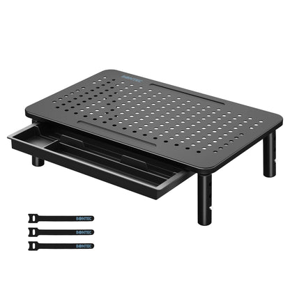 BONTEC Monitor Stand with Drawer, 3 Height Adjustable Monitor Riser for Desk with Mesh Platform for Monitor, Laptop, Computer, iMac, Printer up to 20 kg, Cable Ties Included