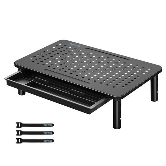 BONTEC Monitor Stand with Drawer, 3 Height Adjustable Monitor Riser for Desk with Mesh Platform for Monitor, Laptop, Computer, iMac, Printer up to 20 kg, Cable Ties Included