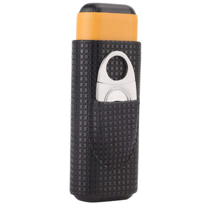 Black leather travel humidor made of cedar wood with 2 tubes and cigar cutter.