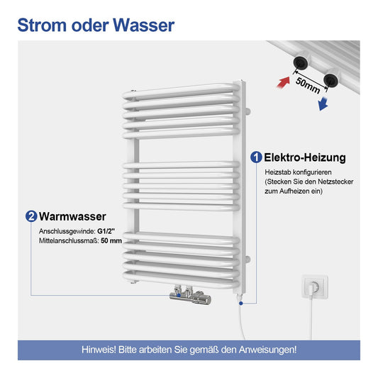 Meykoers electric towel radiator with heating element, 736 x 500mm white. Central connection for electricity and water. Bathroom heater towel dryer towel warmer.