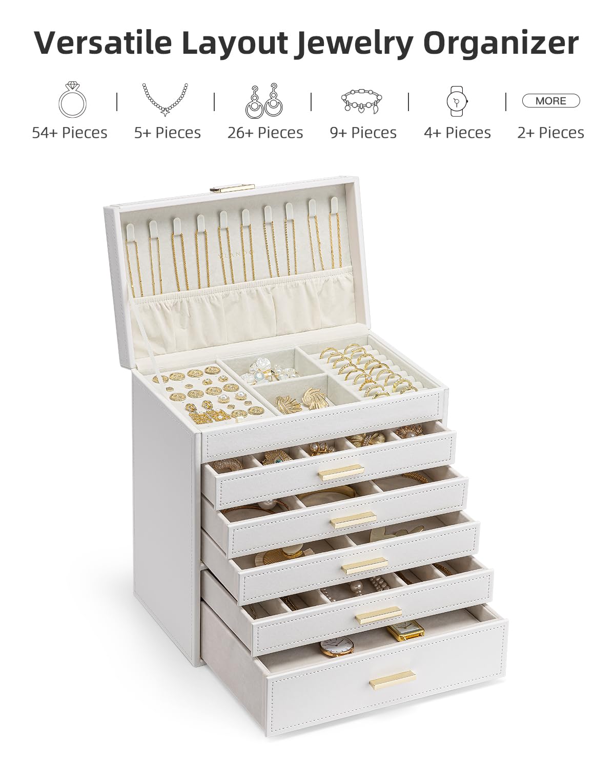 Vlando Modern Jewelry Box Large, Jewelry Storage with 6 Levels, Jewelry Box for Women, for Earrings, Rings Jewelry Storage, with Drawers, Mirror, Watch Pillow, Gift for Women