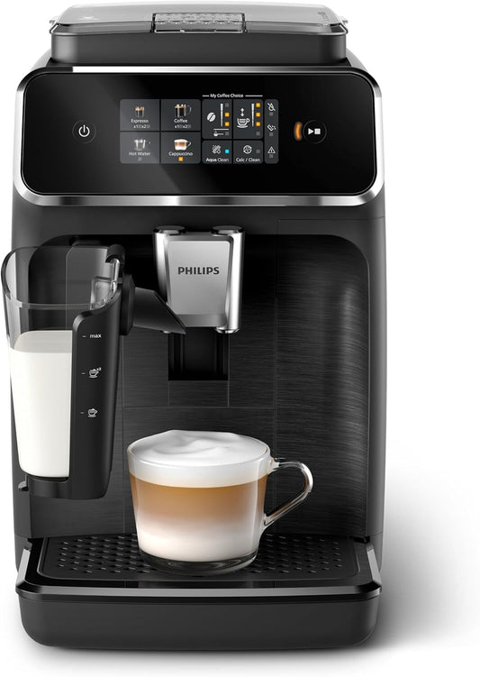Philips 2300 Series Coffee Maker - 4 drinks, Modern color touchscreen display, LatteGo milk system, SilentBrew, 100% ceramic grinder, AquaClean filter. Matte black (EP2330/10)