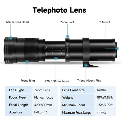 JINTU 420-800mm f/8.3 telephoto lens, EF manual zoom lens for Canon SLR 90D 80D 4000D 2000D 1500D 1300D 1200D 850D 800D 750D 600D 500D 250D 60D 70D 50D 5D 1D 7D.