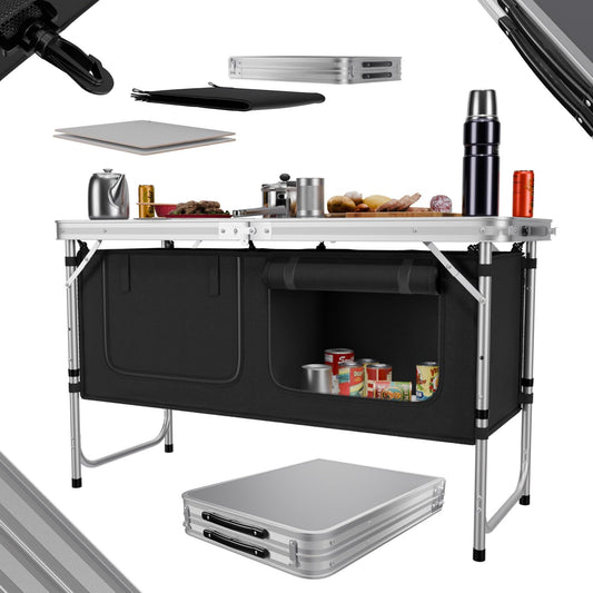 24MOVE® Camping Kitchen Praia, foldable and adjustable camping cupboard made of aluminum with worktop and storage compartments, suitable for outdoor camping, portable.