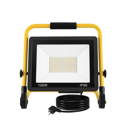 On LED construction spotlight 100W, construction site spotlight warm white work spotlight LED floodlight floodlight with 3M cable, tripod stand and handle, waterproof IP66 floodlight for garden, garage.