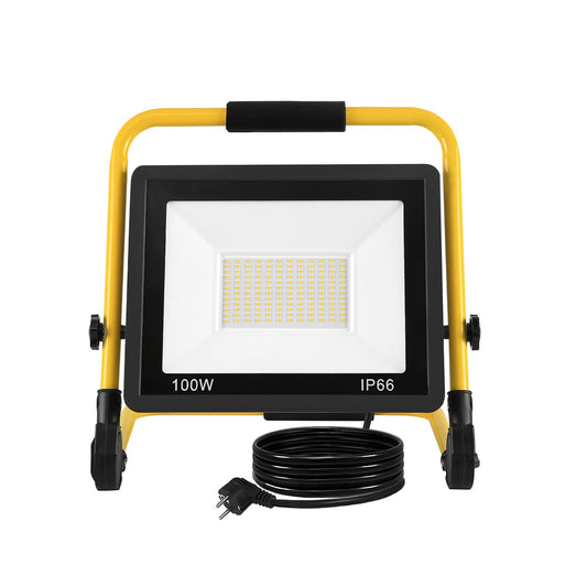 On LED construction spotlight 100W, construction site spotlight warm white work spotlight LED floodlight floodlight with 3M cable, tripod stand and handle, waterproof IP66 floodlight for garden, garage.