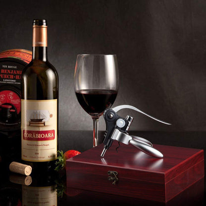 Corkscrew Wine Set: wine opener set with gift box, foil cutter, and bottle opener. Includes corkscrew, drip ring, wine stopper. Screwpull wine opener accessory gift set for men.