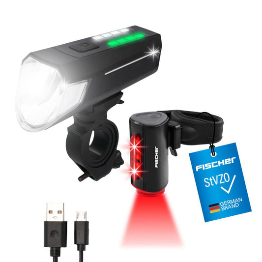 Fishing bicycle lighting set 80/40/20 lux, rechargeable light set Twin, front and 360° rear light, with battery and USB charging function, 3 lighting modes, splash protection according to IP44, approved by StVZO.