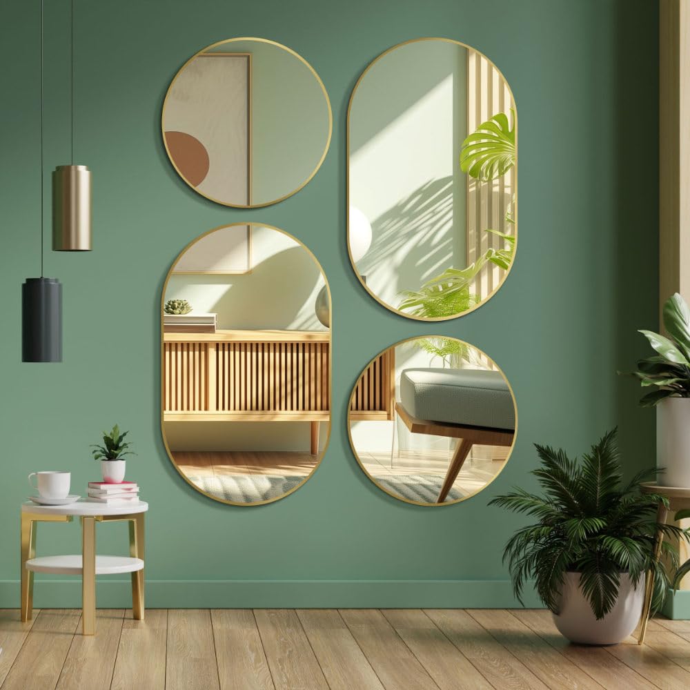 HOKO Round Wall Mirror 60cm with seamless gold metal frame and premium aluminum hooks - Perfect for bathroom, living room, hallway, hotel.