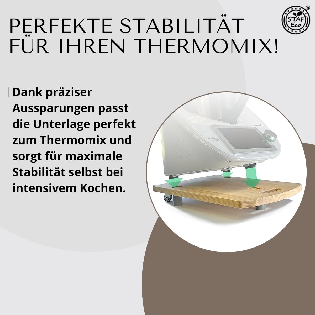 STAFECO Premium Wood Slide Board for Thermomix TM6 TM5 - Stable and stylish base with swiveling wheels, vibration damping, and worktop protection (natural wood)